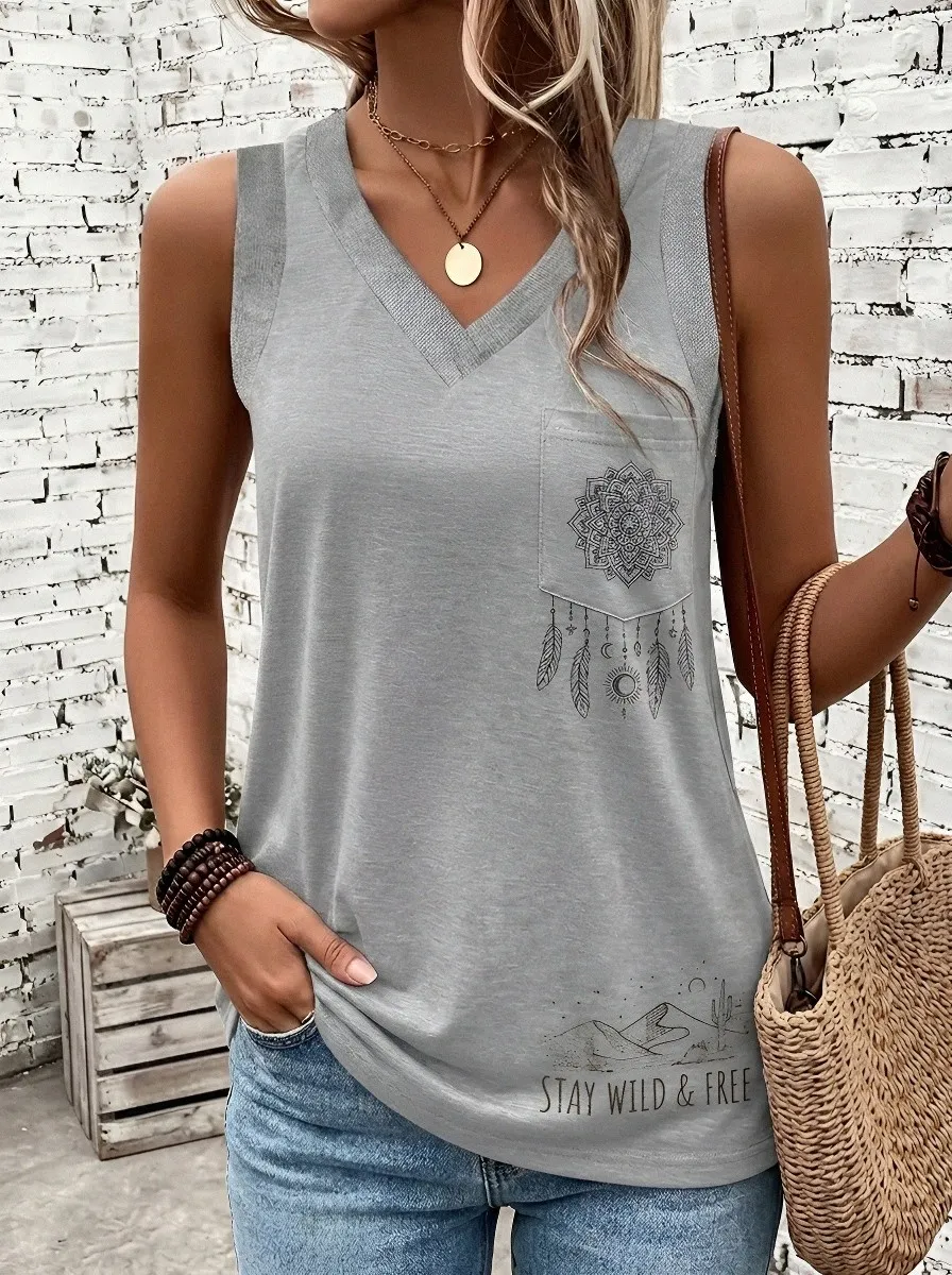 Women's Boho Mandala Dreamcatcher Printed V-Neck Tank Top