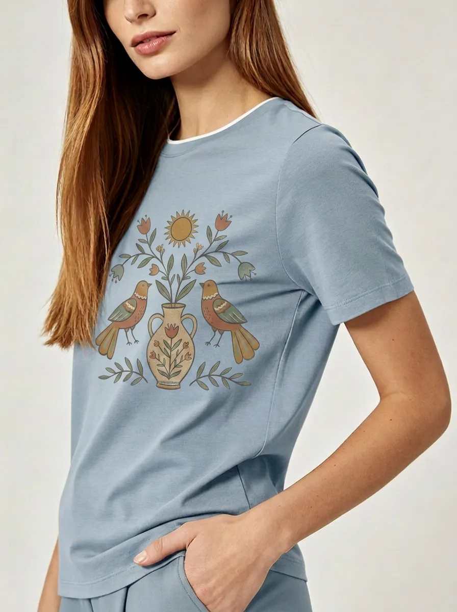 Women's Nature Lover Bird Vase Floral Sun Printed T-shirt