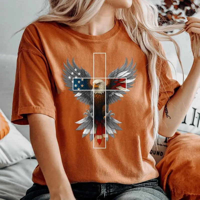 American Flag Eagle Cross Christian 4Th Of July Patriotic Women's Oversized Comfort T-Shirt