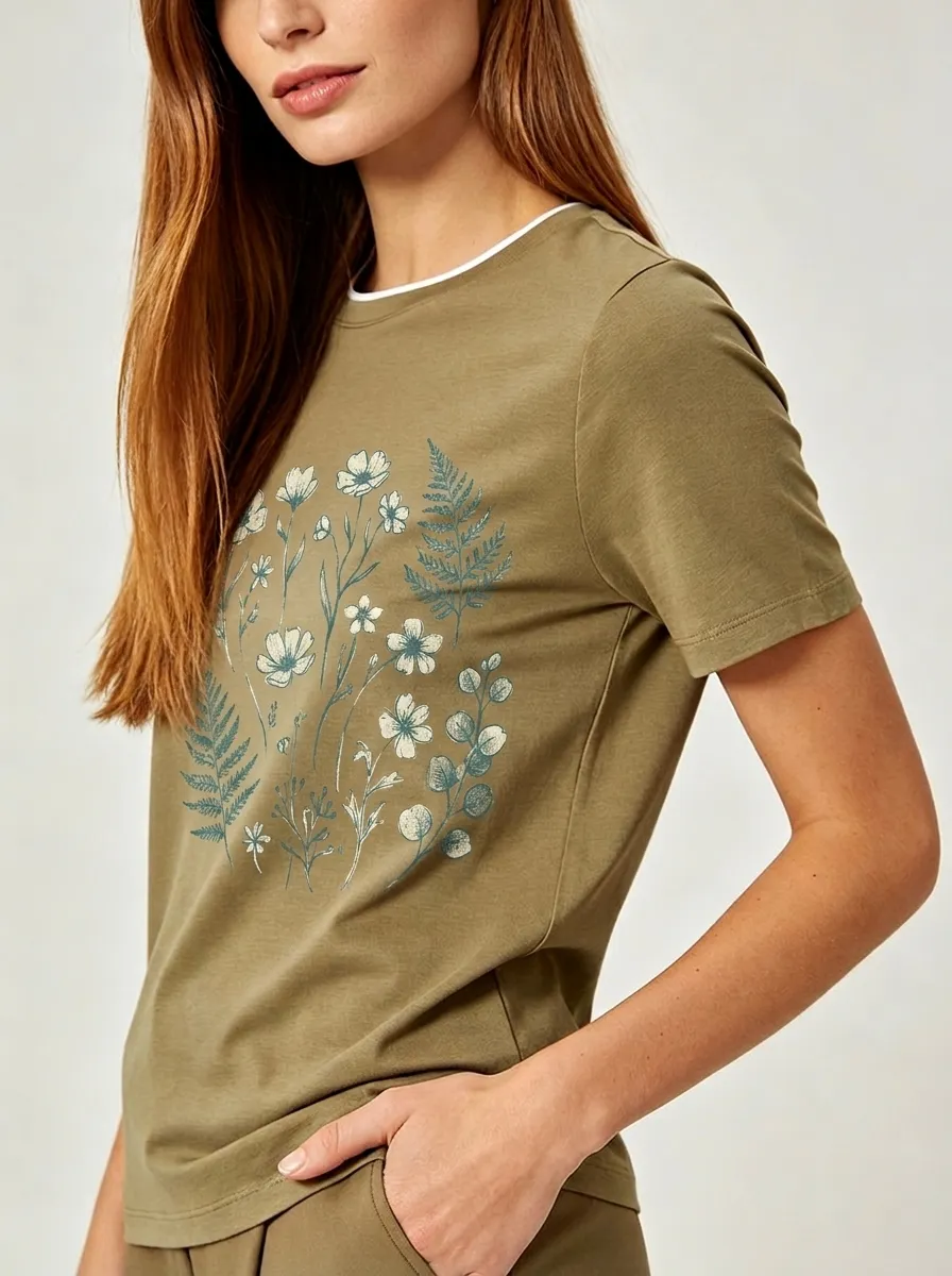 Women's Botanical Nature Lover Wildflower Fern Printed T-shirt