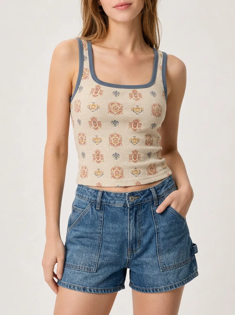Women's Boho Style Geometric Pattern Printed Ribbed Tank Top