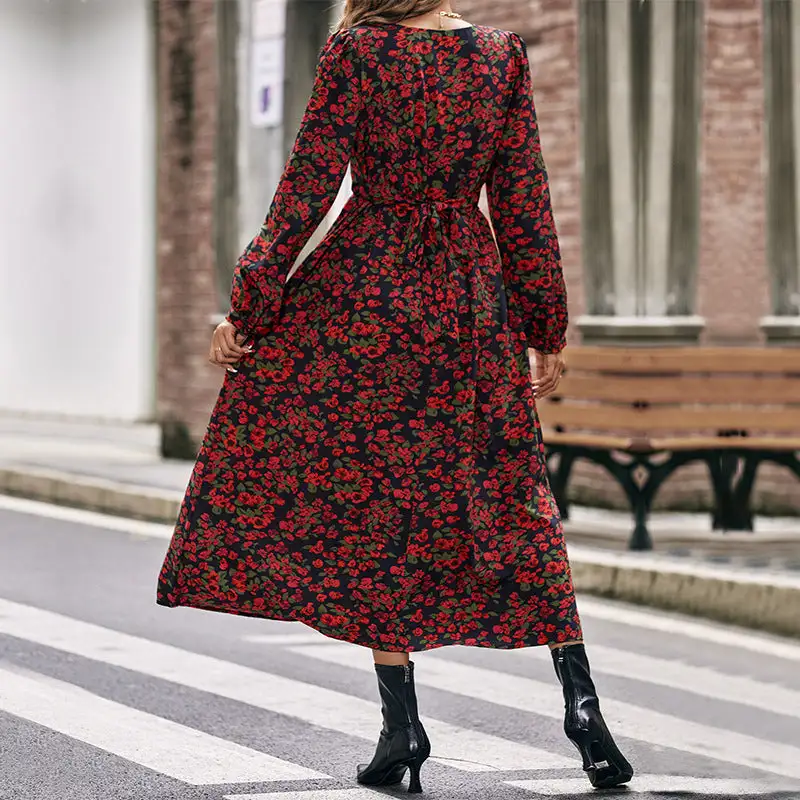 Women's A-Line V-Neck Floral Ruffled Maxi Dress