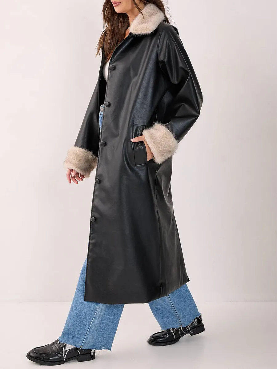 Women's Vintage-Style Faux Fur Collar Leather Long Jacket