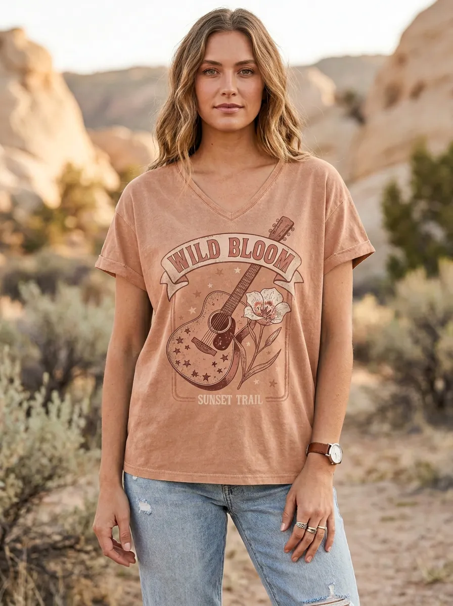Women's Western Wild Bloom Guitar Sunset Trail Printed V-neck T-shirt