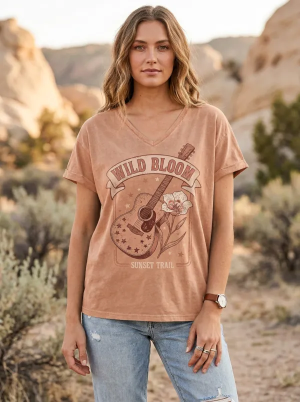 Women's Western Wild Bloom Guitar Sunset Trail Printed V-neck T-shirt