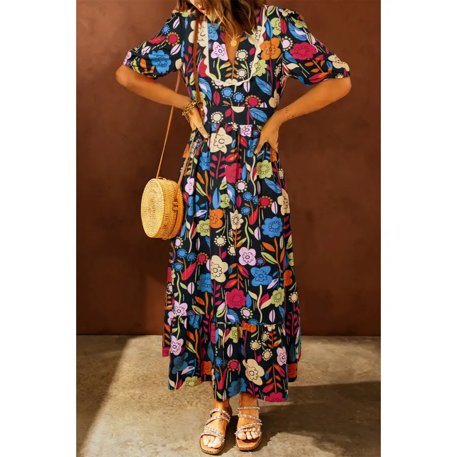 Neck V-Neck Half Sleeve Midi Dress