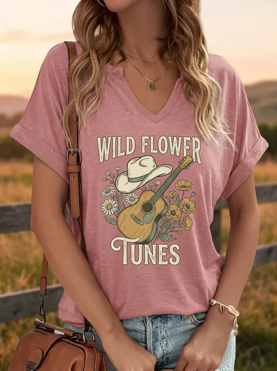 Guitar Cowboy Wildflower Country Music Graphic T-Shirt