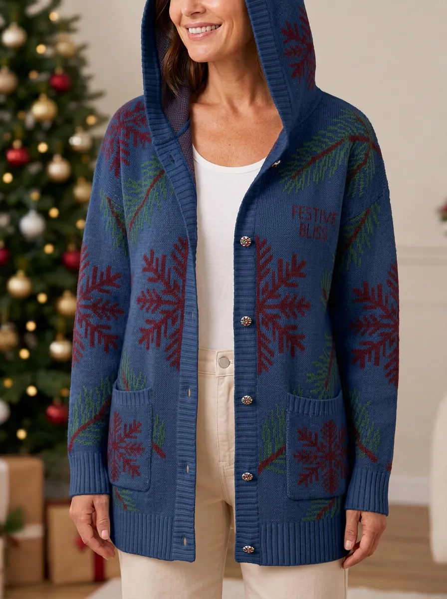 Christmas Festive Bliss Snowflake Pine Print Hooded Cardigan