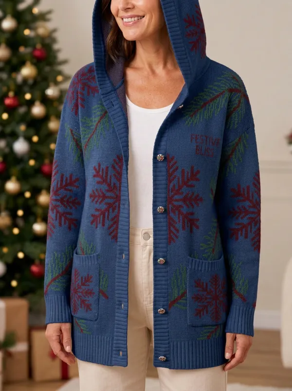 Christmas Festive Bliss Snowflake Pine Print Hooded Cardigan