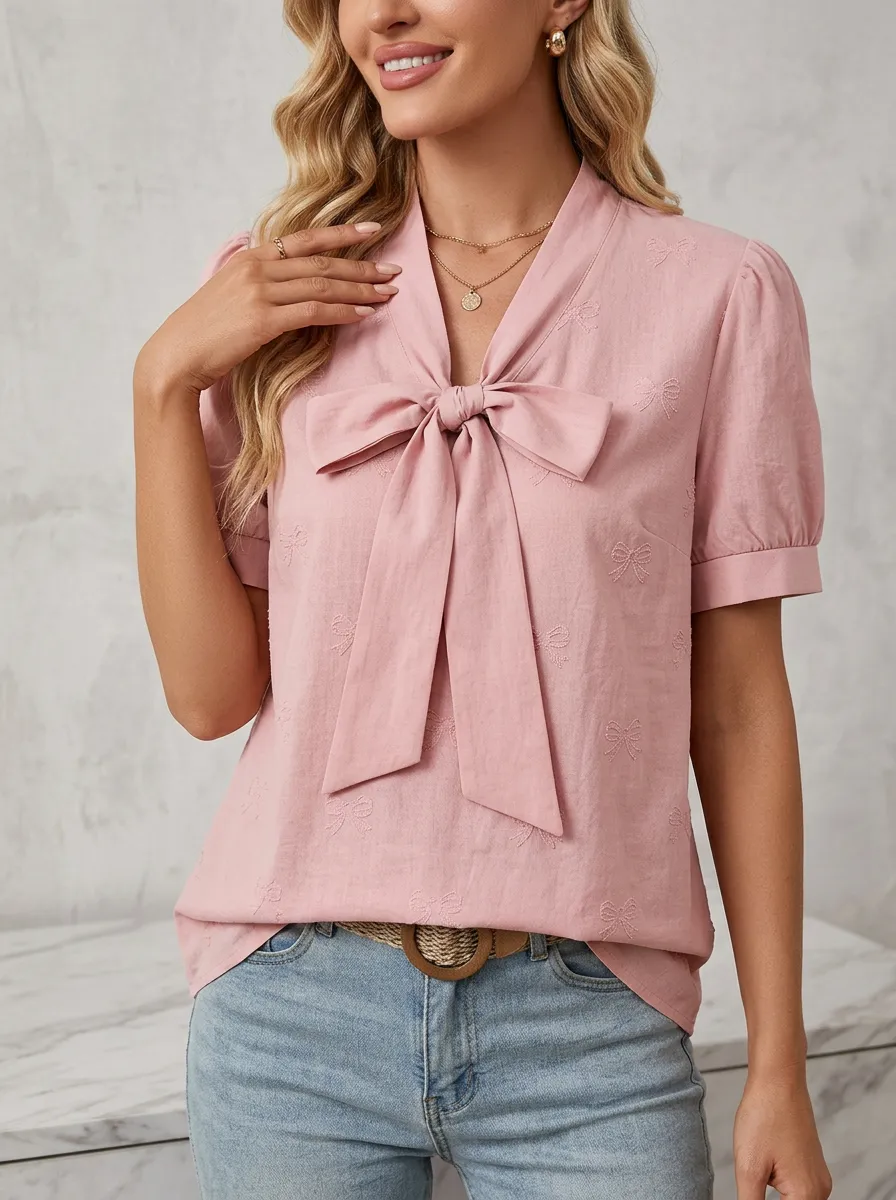 Women's V-neck Tie-neck Puff Sleeve Blouse