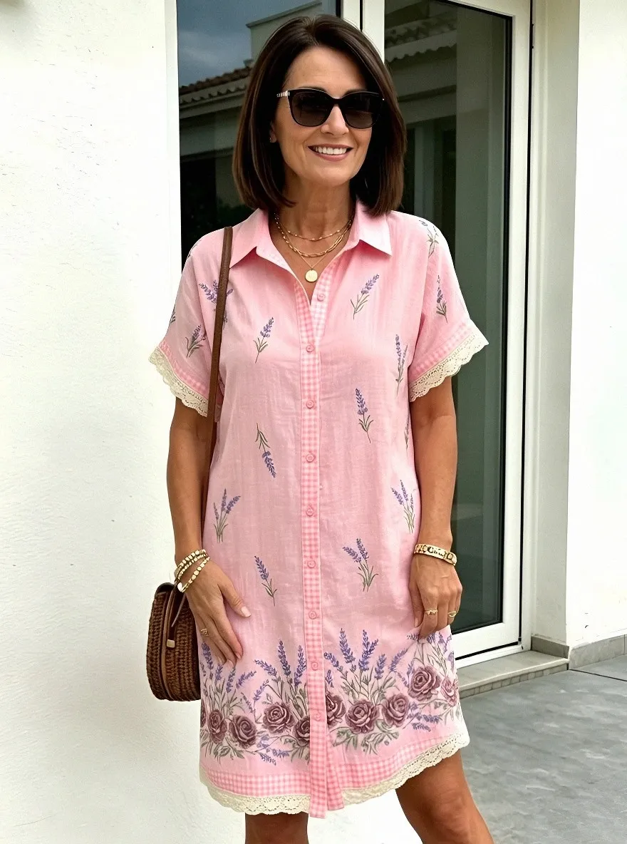 Women's Summer Vacation Lavender Floral Gingham Printed Shirt Dress