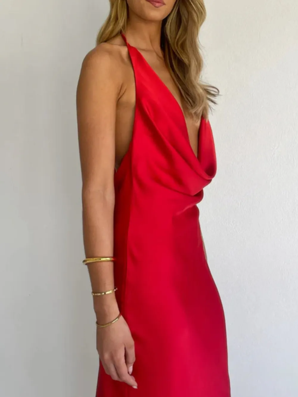 Ruched Halter Satin Maxi Dress