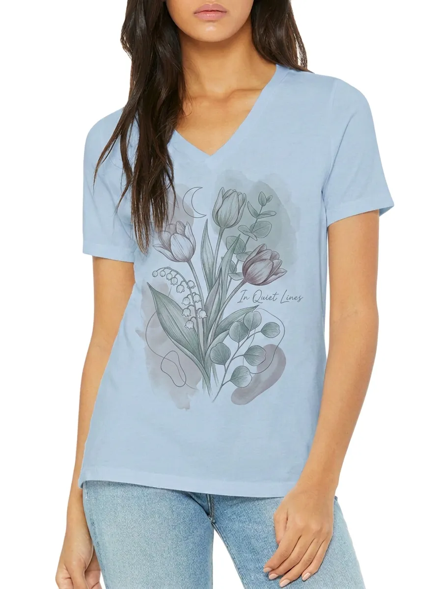 Women's Botanical Floral Moon In Quiet Lines Printed V-neck T-shirt