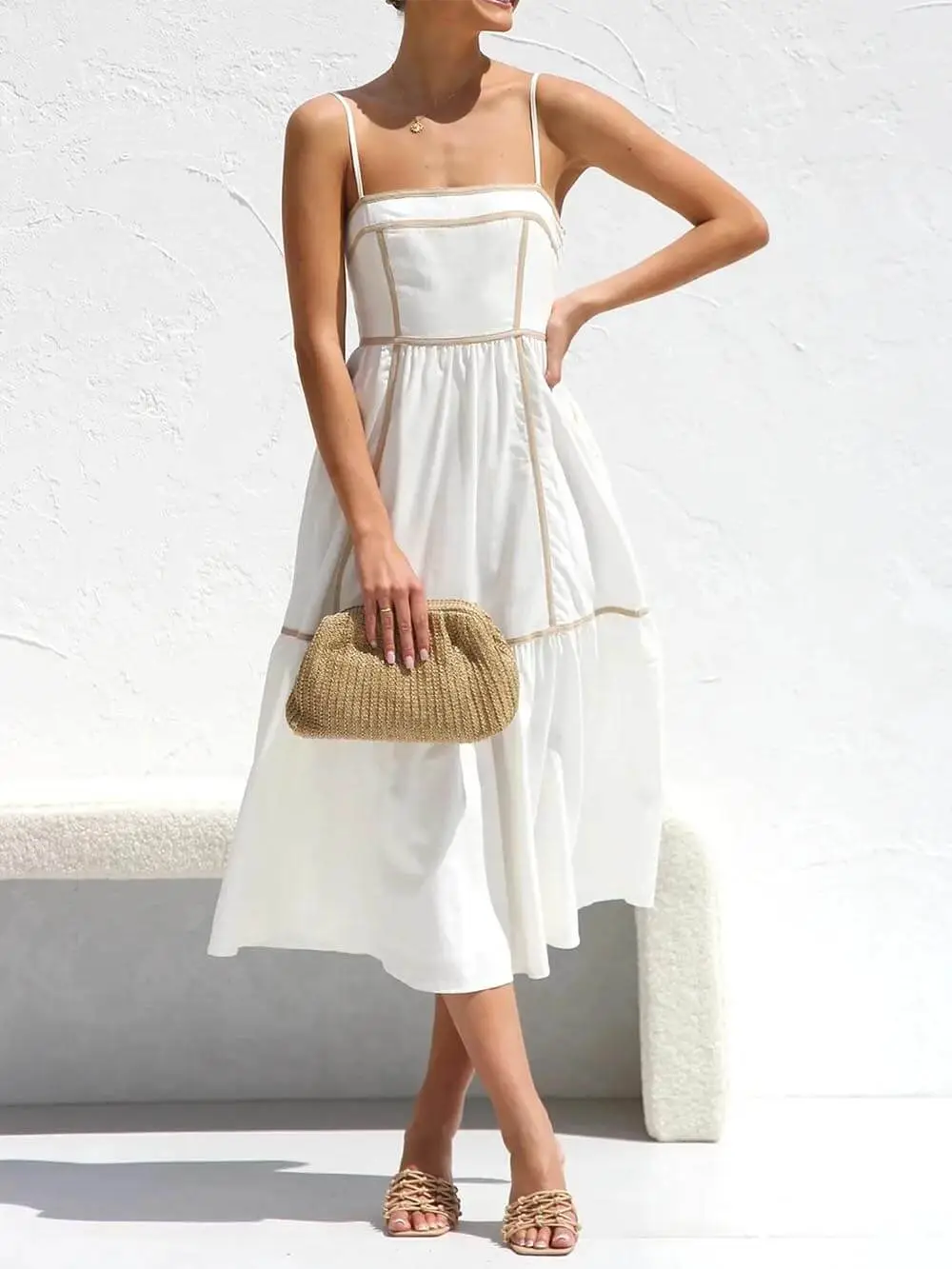 Contrast Trim Adjustable Straps Midi Dress