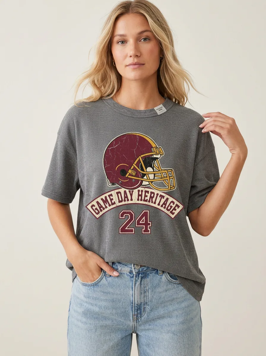 Women's Stadium Inspired Helmet Football Ball Crew Neck Graphic T-Shirt