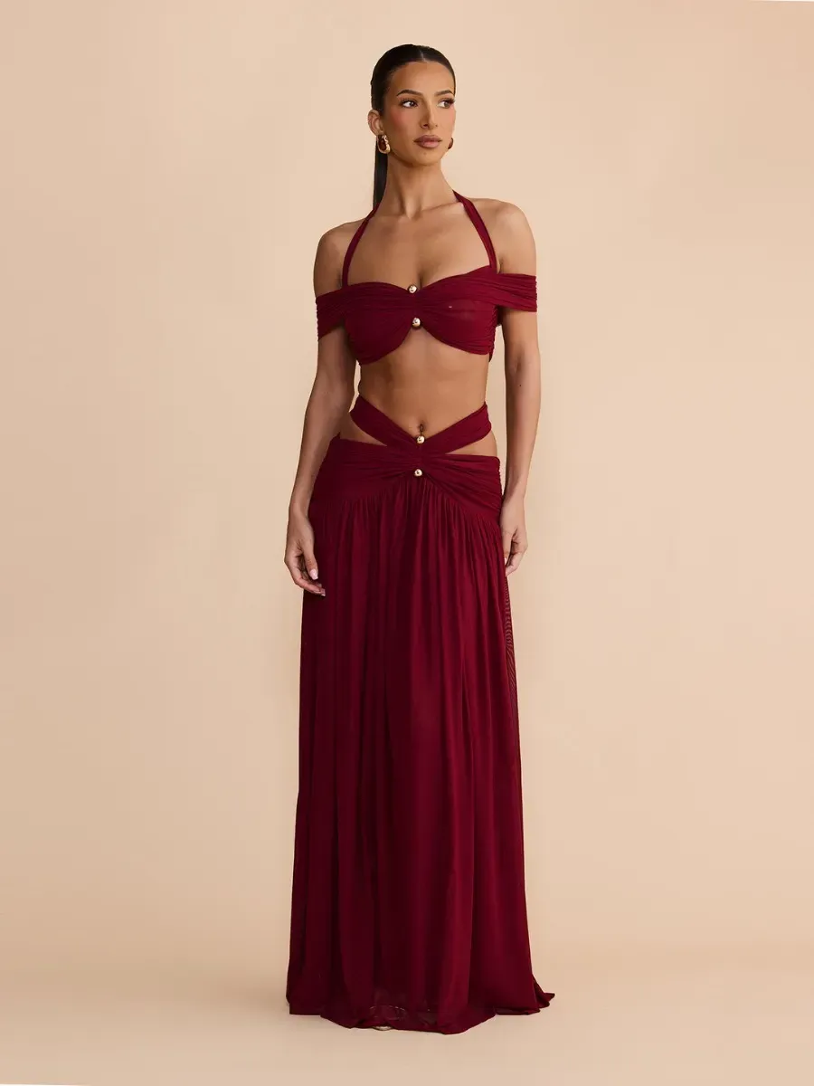 Marisol Cut Out Halter Mesh Maxi Dress Set