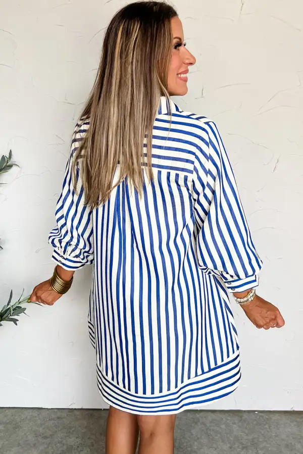 Stripe Collared Half Button Side Pockets Loose Fit Mini Dress