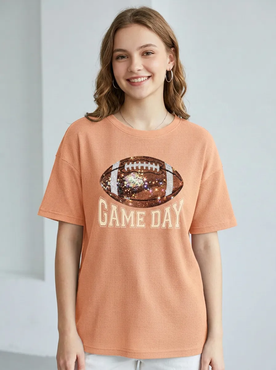 Women's Touchdown Inspired Football Ball Sparkle Crew Neck Graphic T-Shirt