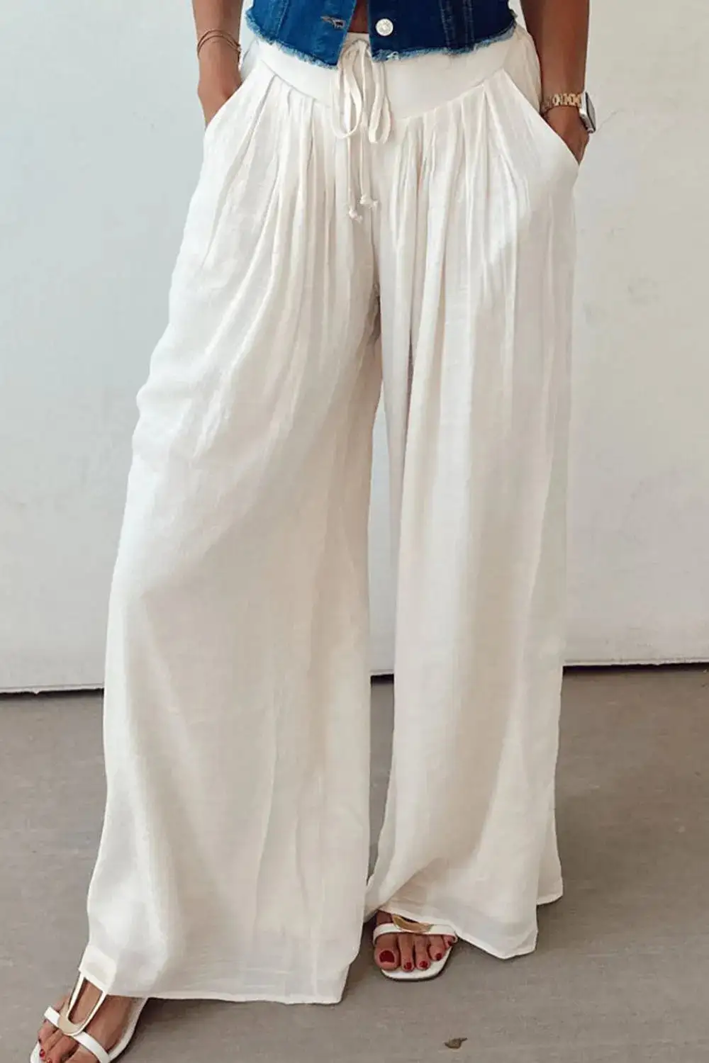 Wide Leg Tie Waist Pleated Casual Pants
