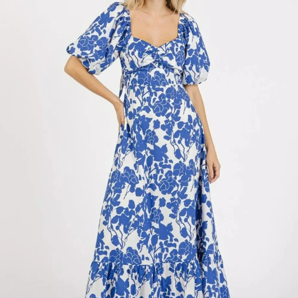 Cutout Back Floral Sweetheart Neck Puff Sleeve Dress