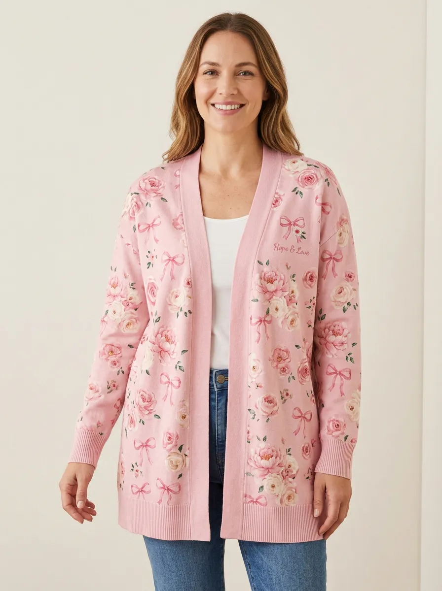 Women's Breast Cancer Awareness Hope & Love Floral Bow Printed Cardigan