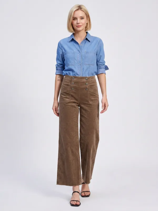 Women's Vintage Style Brown Corduroy Buttoned Wide Leg Pants
