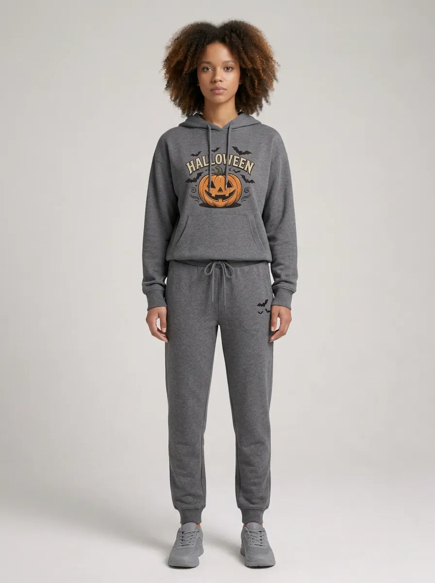 Women's Halloween Pumpkin Bat Printed wear Set