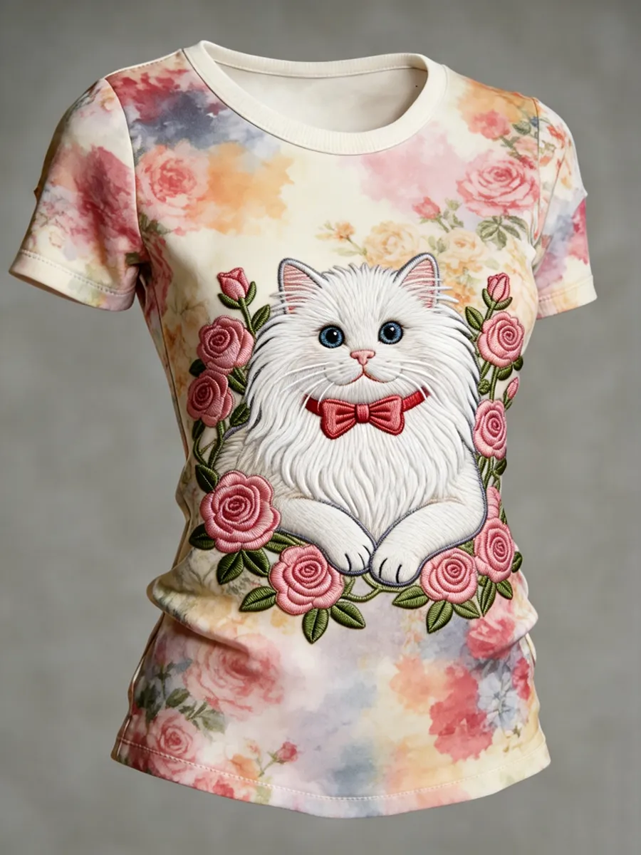 White Persian Cat Rose Embroidery Printed Bow Decoration Casual Top