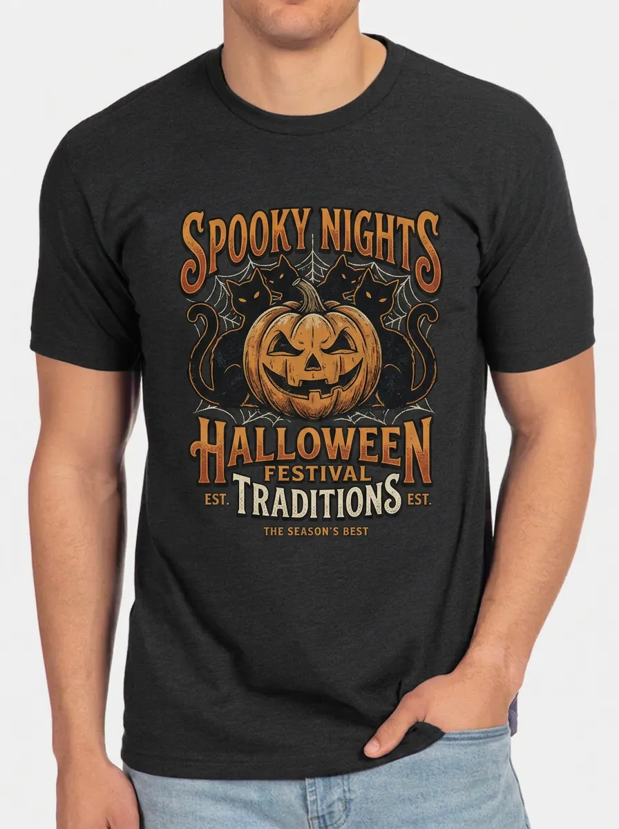 Men's Halloween Pumpkin Black Cat Spooky Nights Printed T-shirt