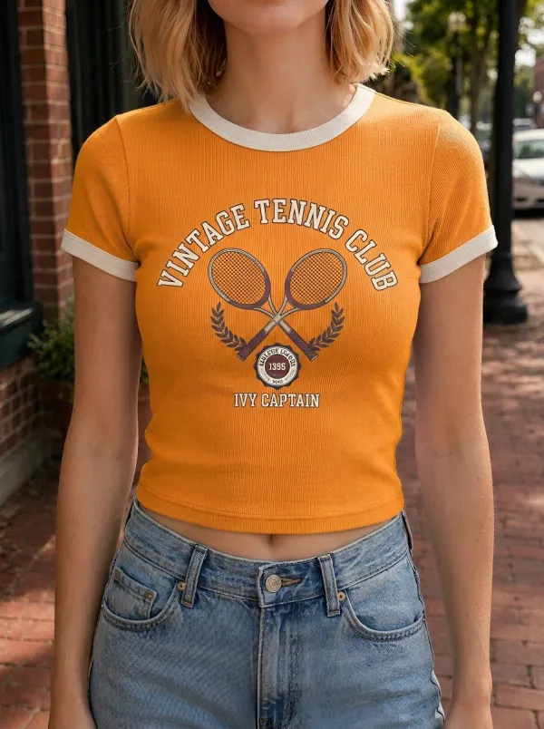 Women's Vintage Tennis Club Racket Printed Ringer T-shirt