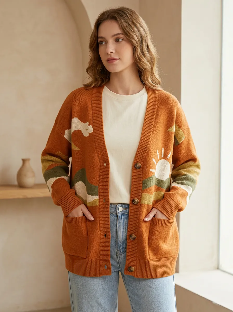 Sun Cloud Landscape Patterned Women's Knit Cardigan