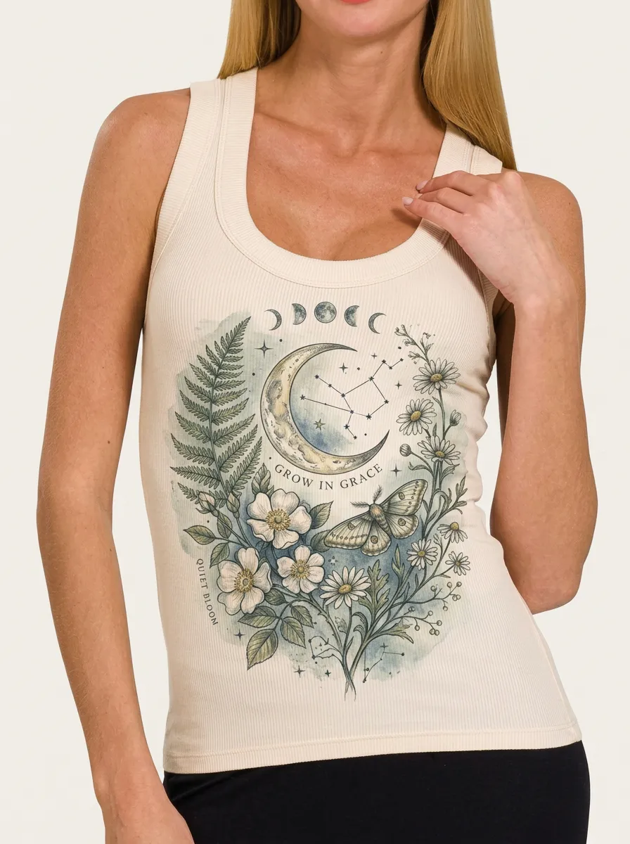 Women's Celestial Floral Moon Moth Printed Ribbed Tank Top