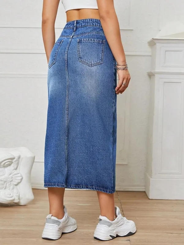 Light Blue Denim Slit Skirt