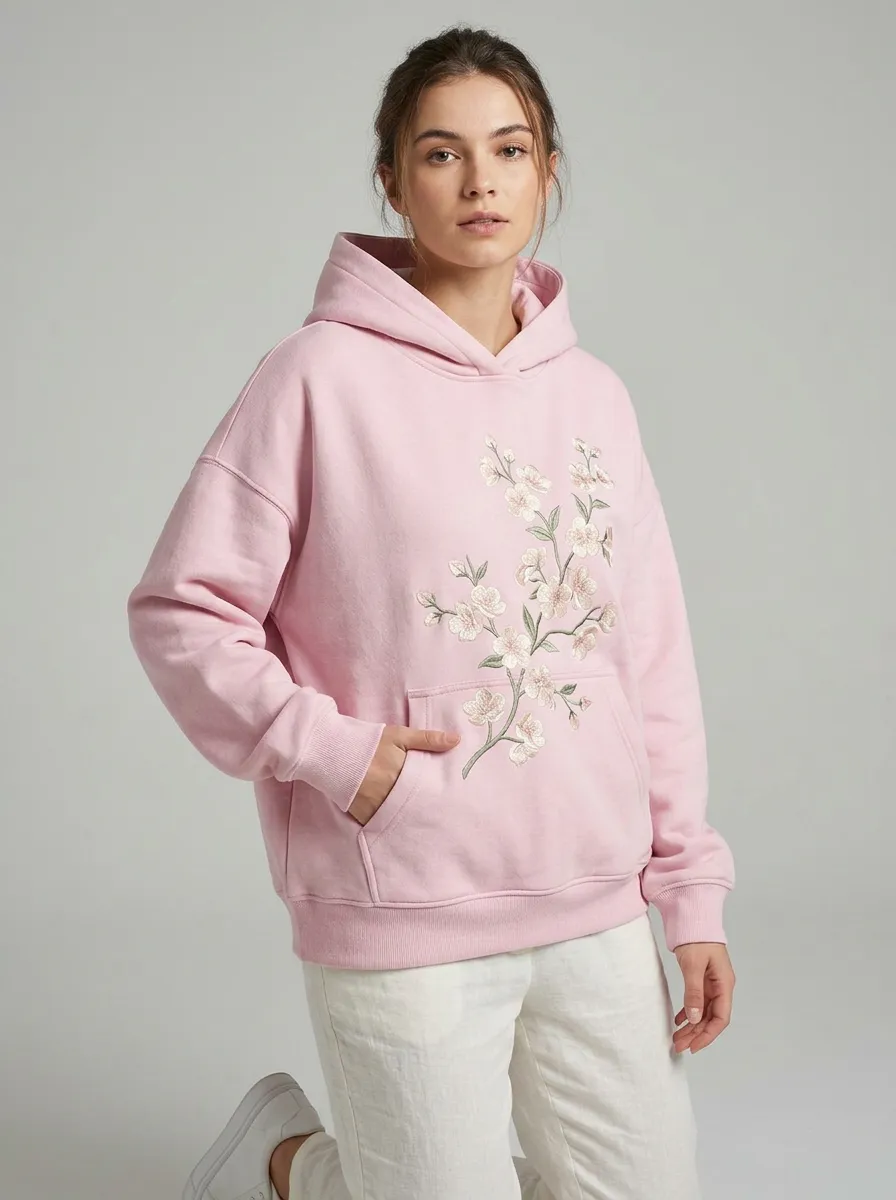 Women's Light Pink Floral Embroidered Overlap Neck Hoodie
