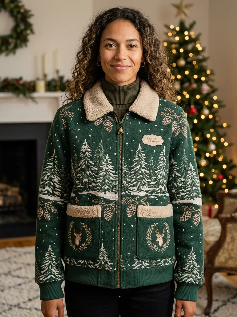 Christmas Forest Deer Print Sherpa Collar Jacket