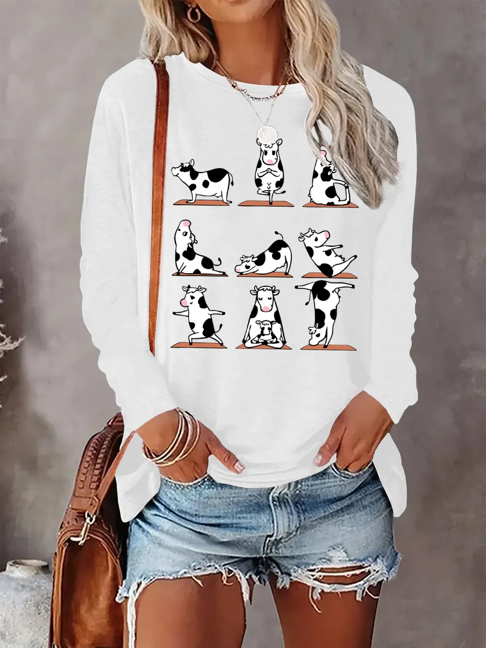 Yoga Cow Printed Round Neck T-Shirt