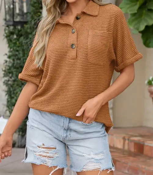 Waffle Round Hem Chest Pocket Polo Tee