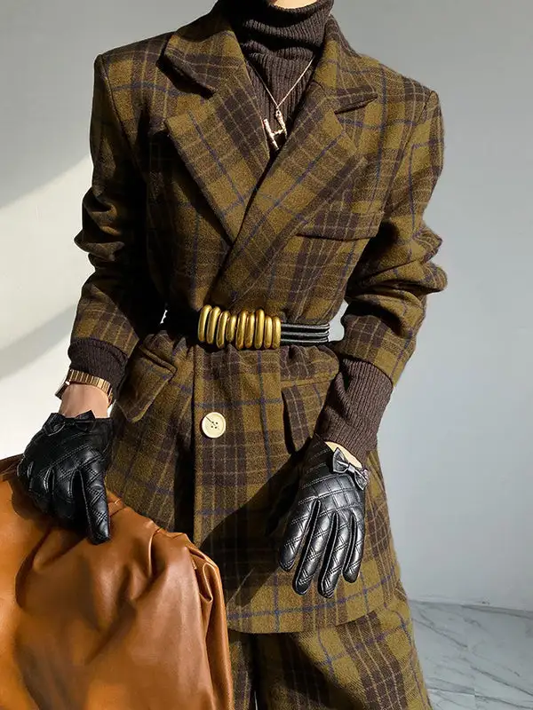 Plaid Split Lapel Jacket Textured Coat