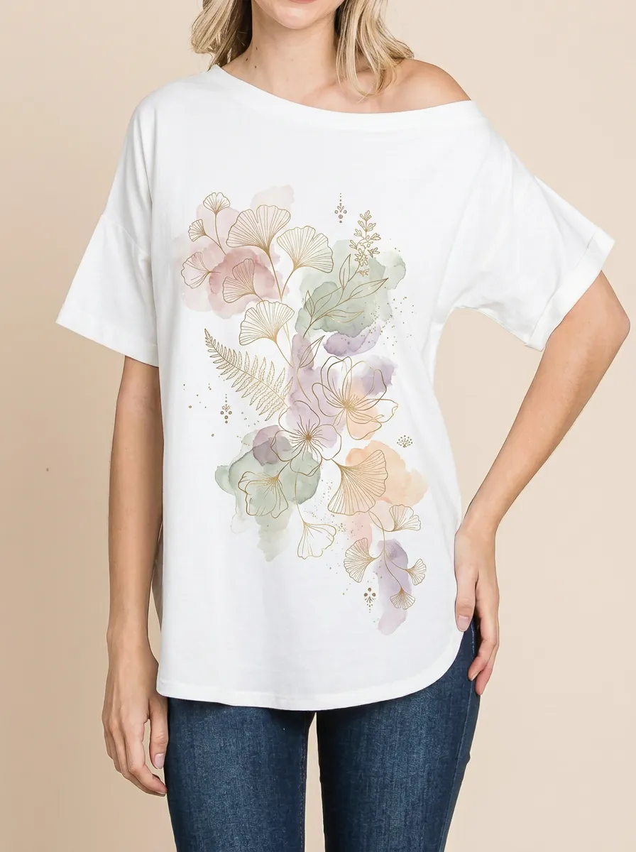 Women's Botanical Art Ginkgo Leaf Watercolor Printed T-shirt