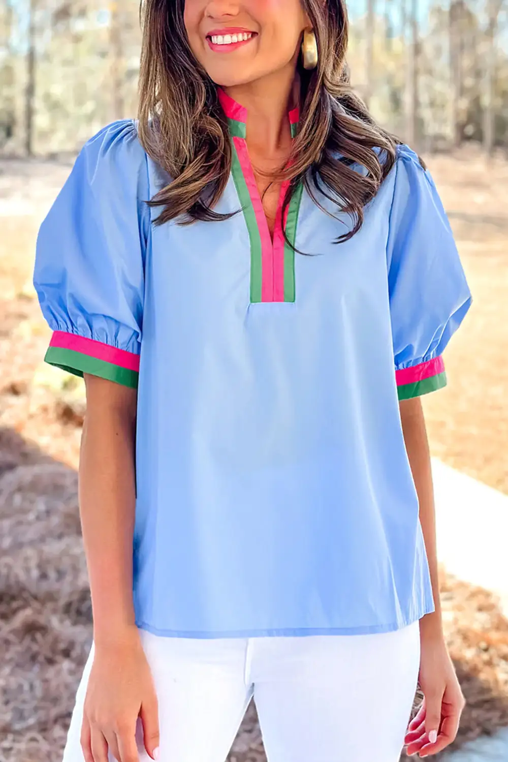 Striped V-Neck Puff Sleeve Blouse