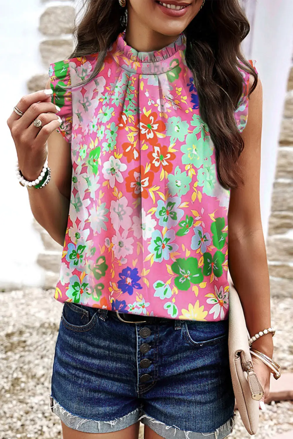 Frilled Collar Floral Vest Top