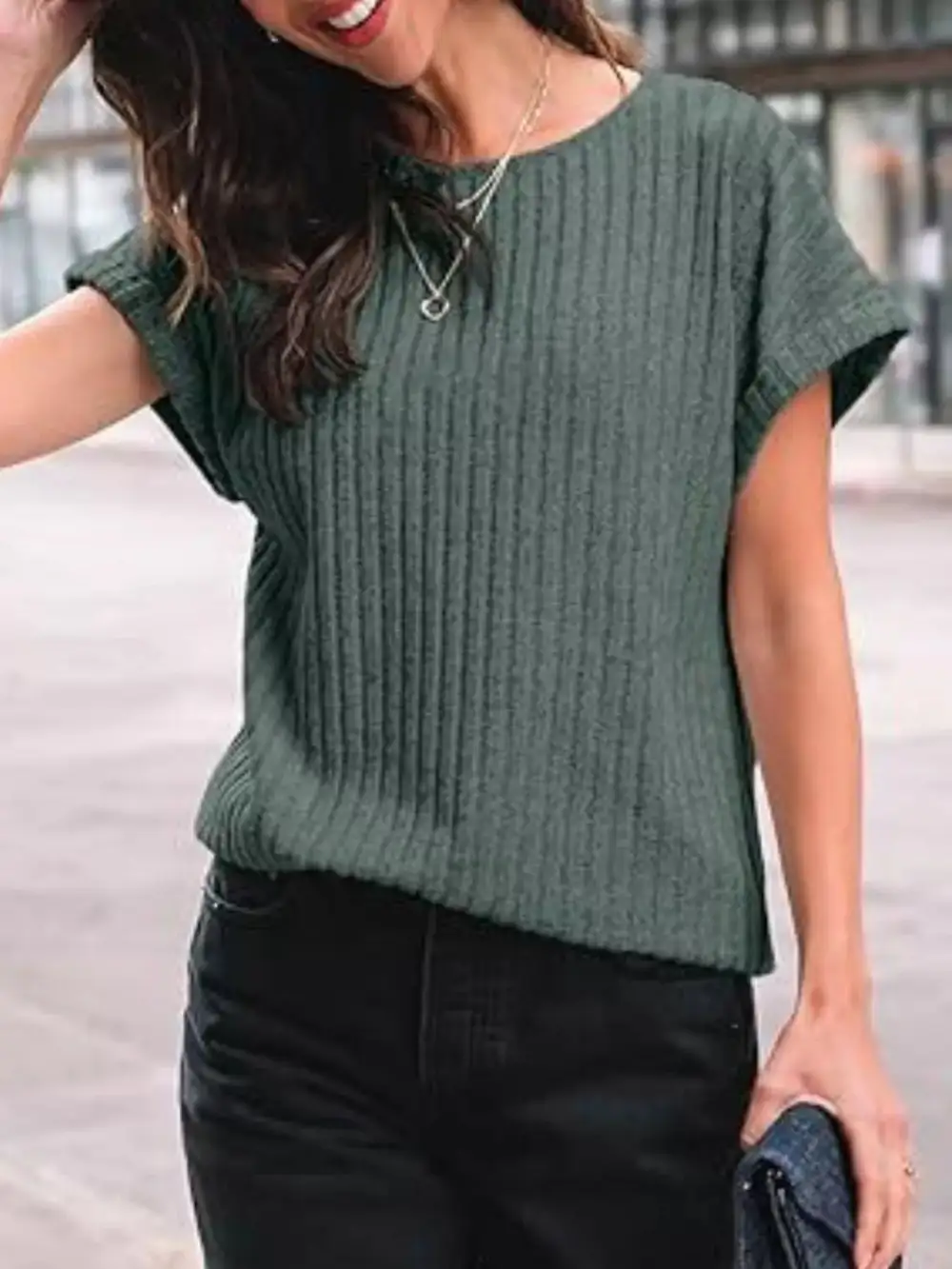 Casual Ribbed Knit Short Sleeve T Shirt