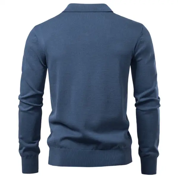 Men's Fine Knit Polo Sweater With V-Neck Zigzag Pattern And Classic Collar