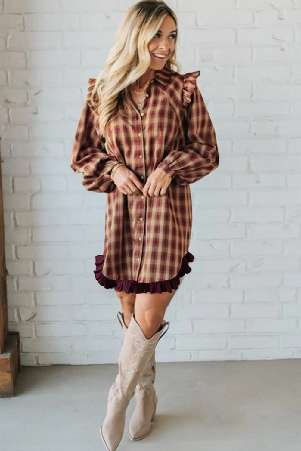 Gathered Detail Plaid Patchwork Ruffle Mini Dress