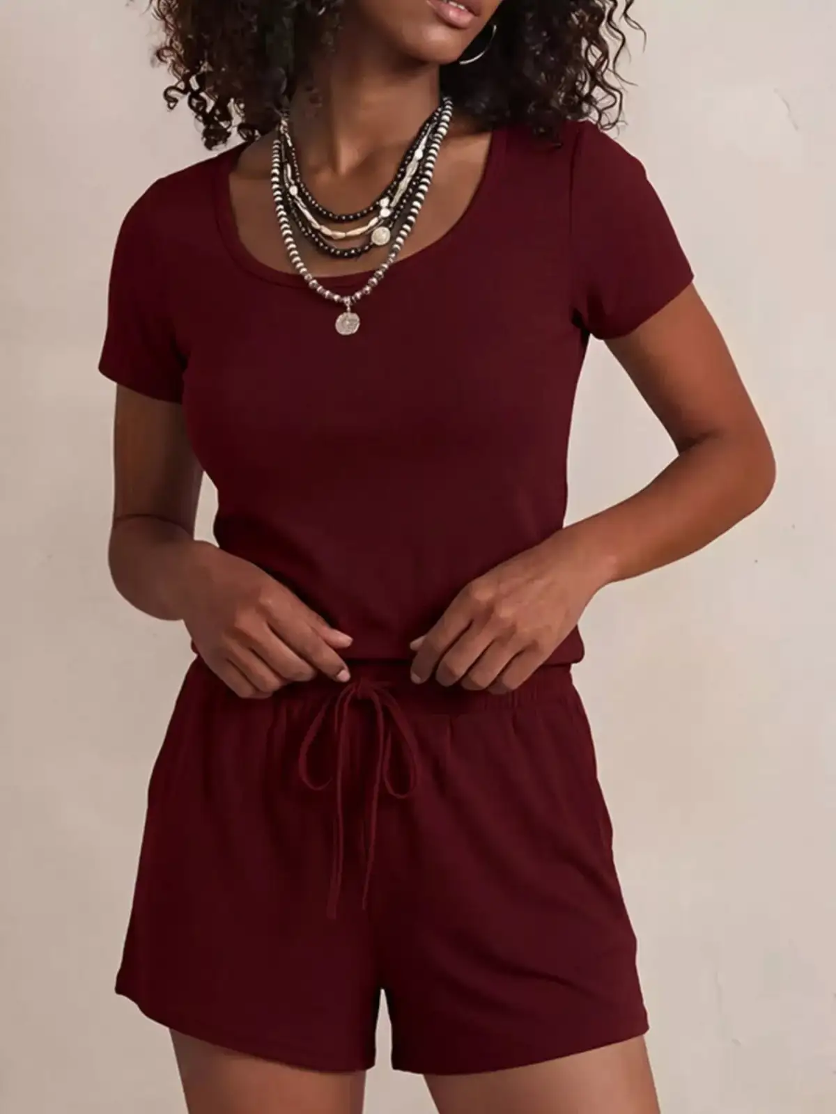 Drawstring Pocketed Tee and Shorts Matching Set