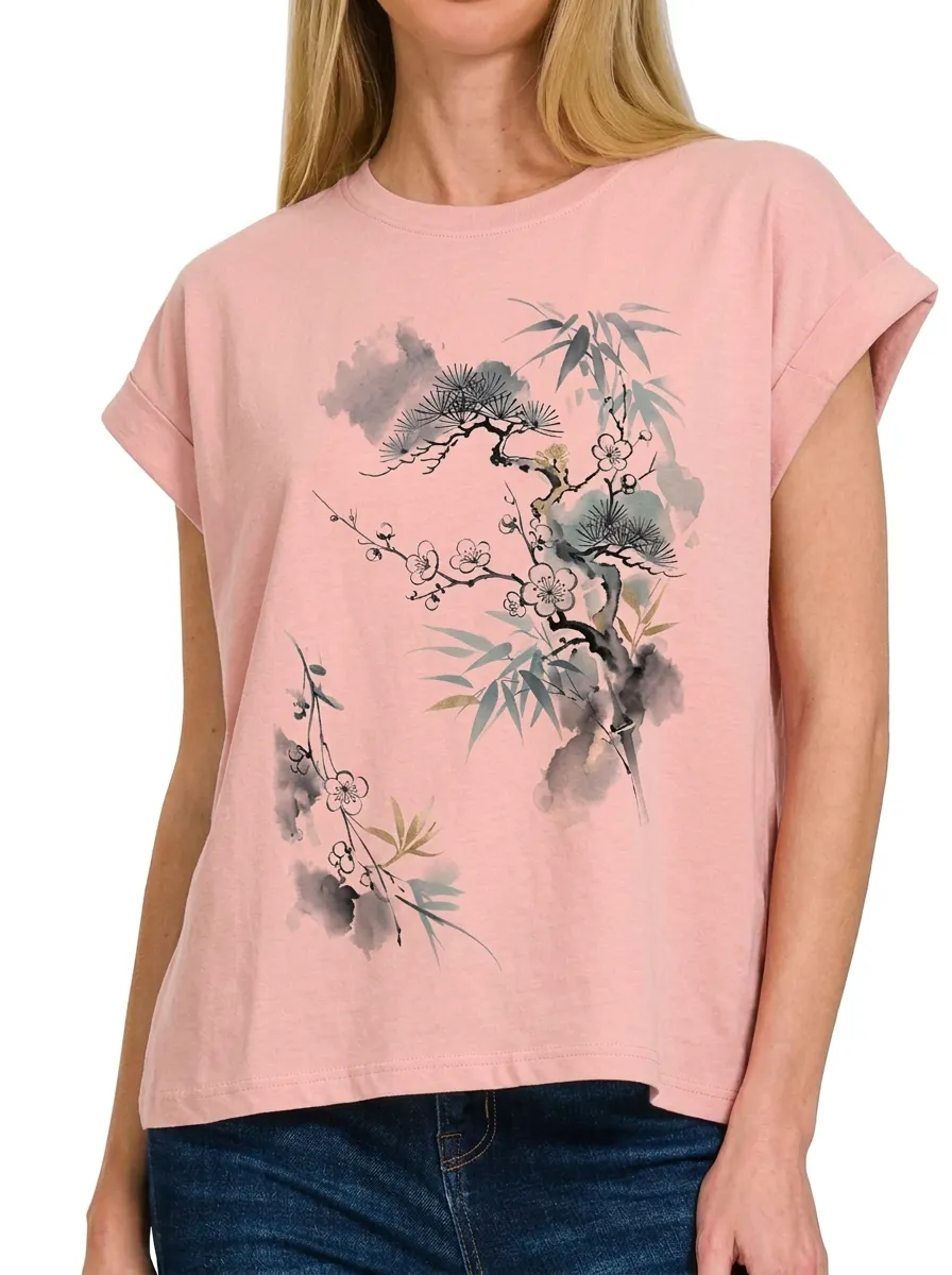 Women's Asian Art Lover Plum Blossom Bamboo Printed T-shirt