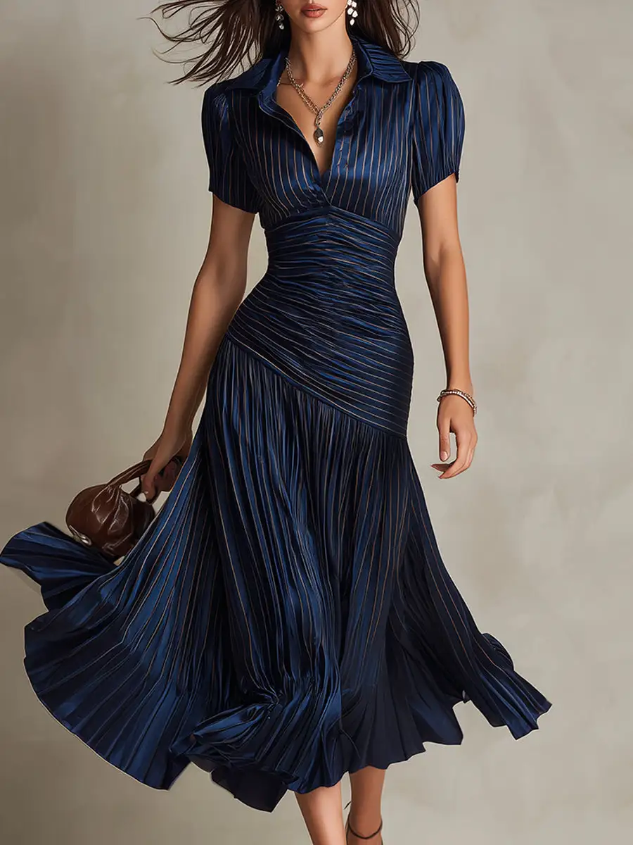 Retro Striped Satin Pleated Bodycon Midi Dress