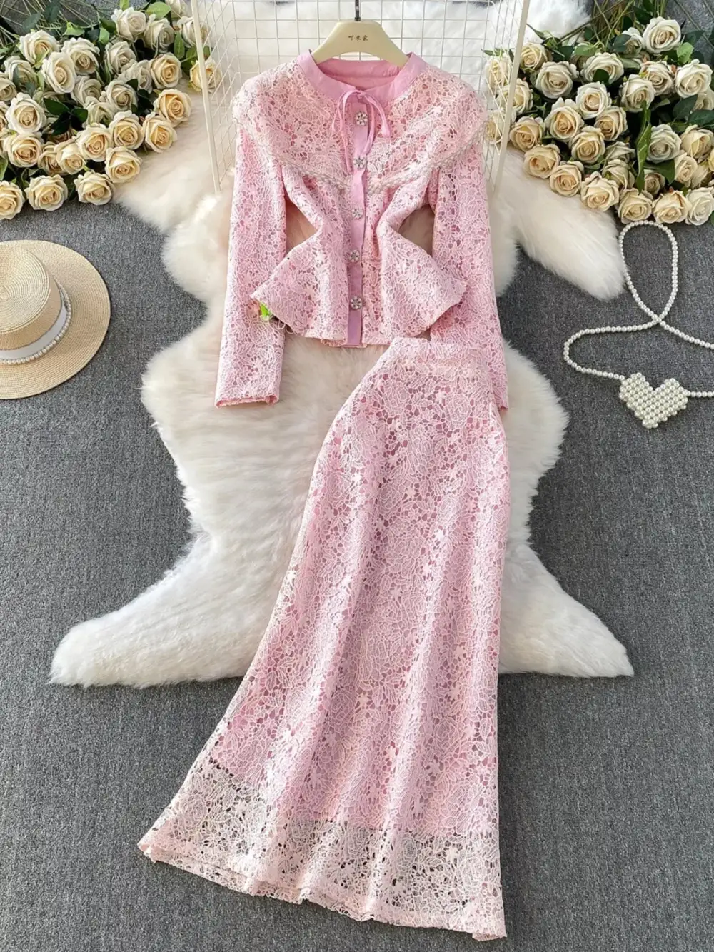 Graceful Lace Button Up Top And Skirt Set
