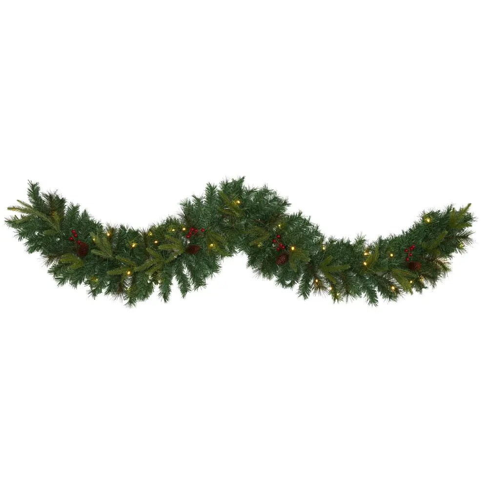 Mixed Pine Artificial Christmas Garland with Clear LED Lights Berries and Pinecones