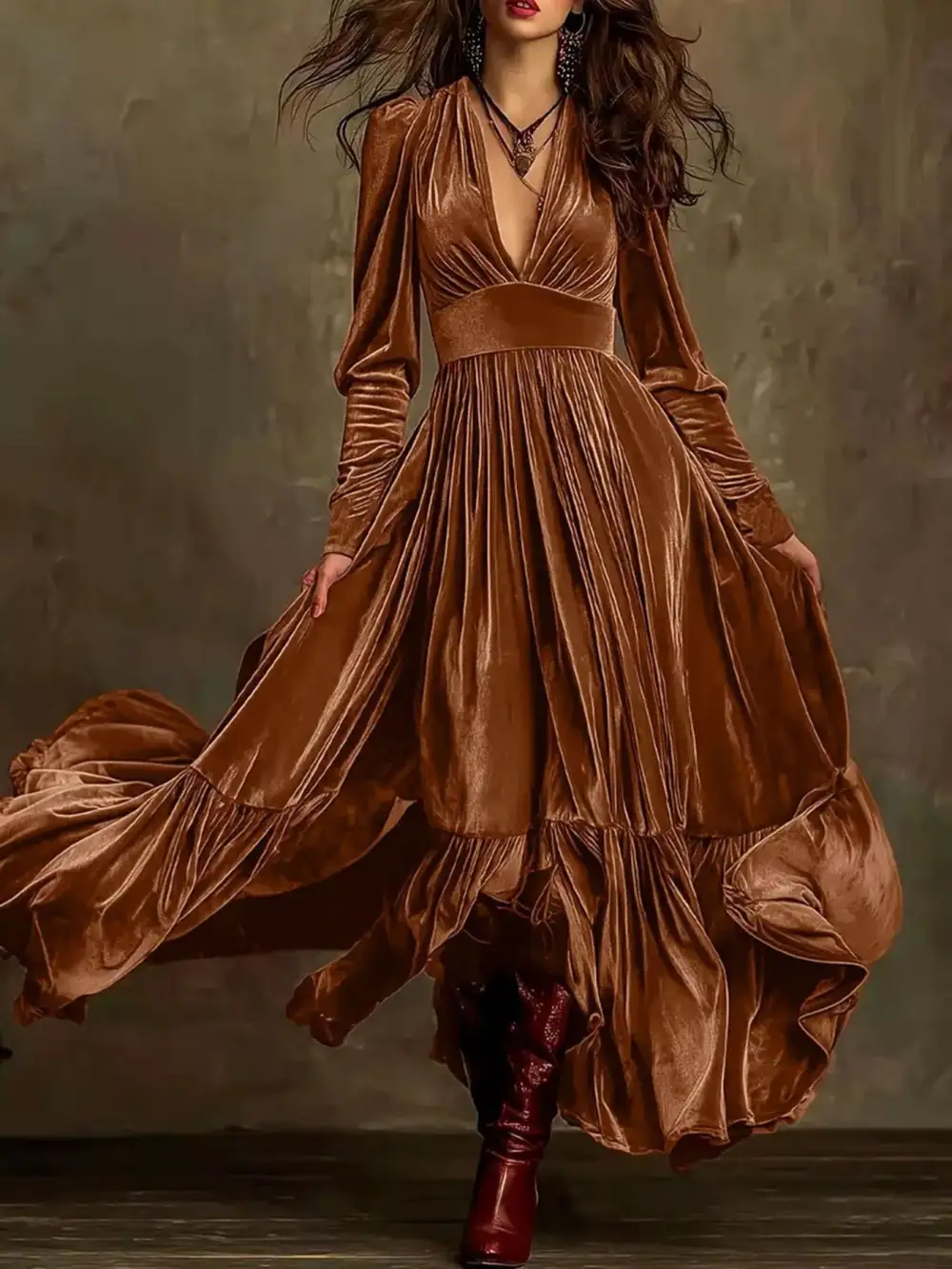 Elegant Velvet V Neck Long Sleeve Maxi Dress